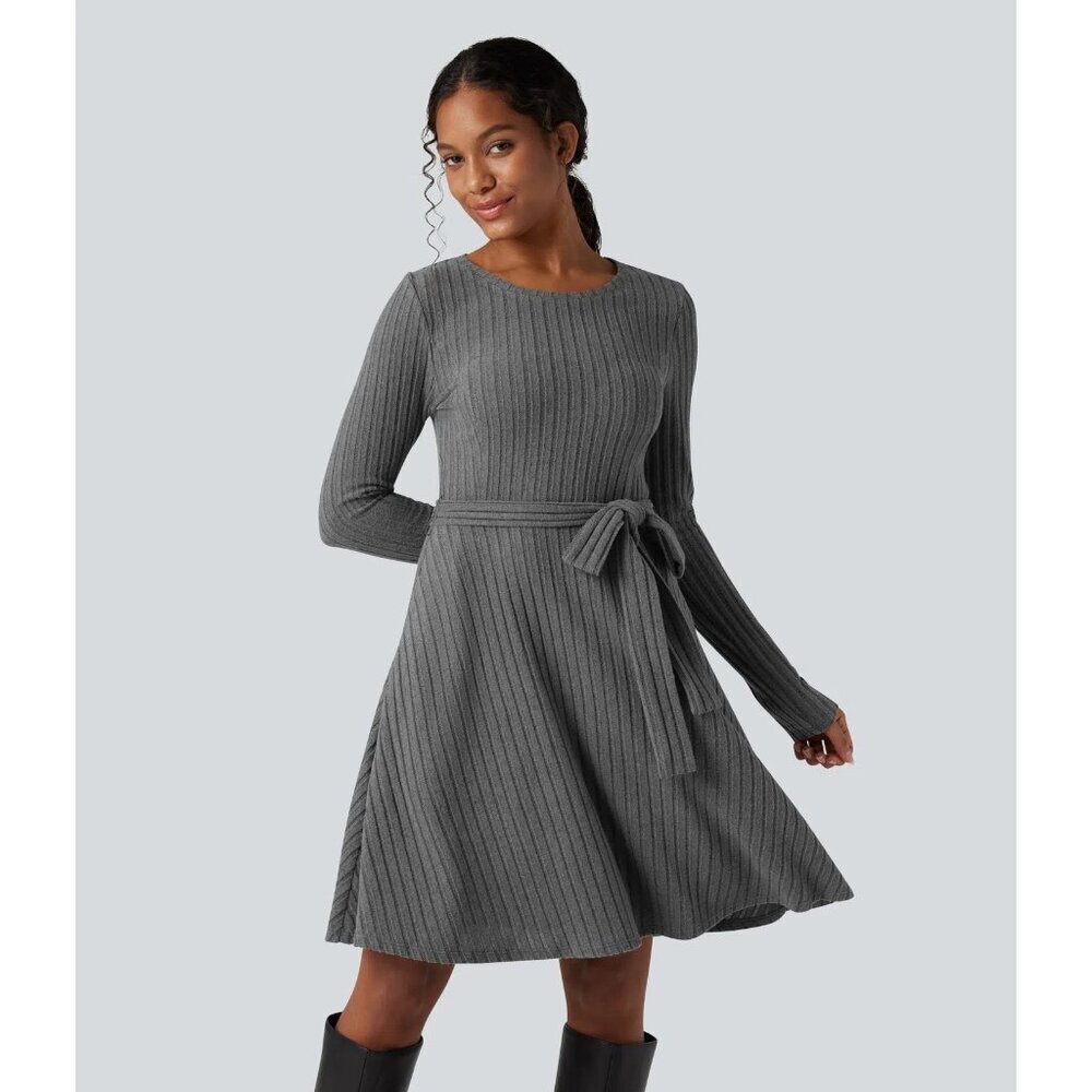 Halara Ribbed Knit Long Sleeve Belted Mini Dress Pockets Gray Medium Work2Weeked
